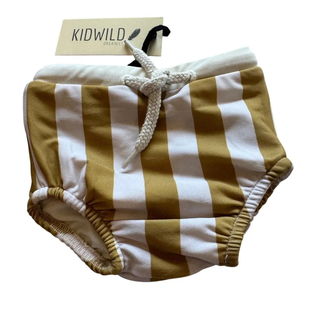Kidwild Organics Baby Swim‎ Trunks Unisex 0-6M Mustard Stripe Organic Cotton NWT